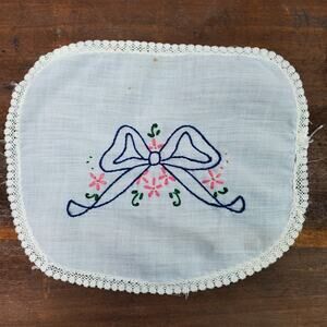 Vintage Handmade Embroidery Doily Blue Ribbon 8x7 Inch